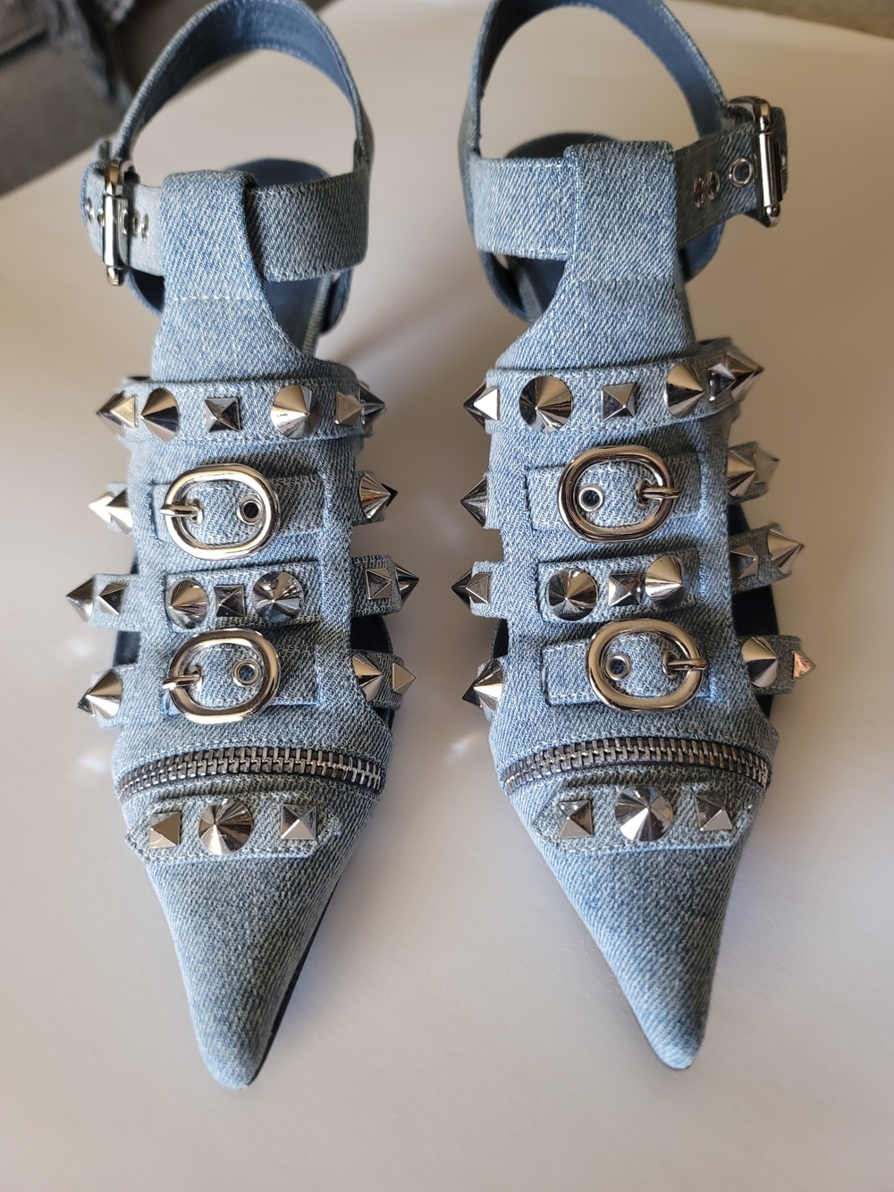 Jeffrey Campbell Light Blue Denim Pointed-Toe Rockstar Studded Heels